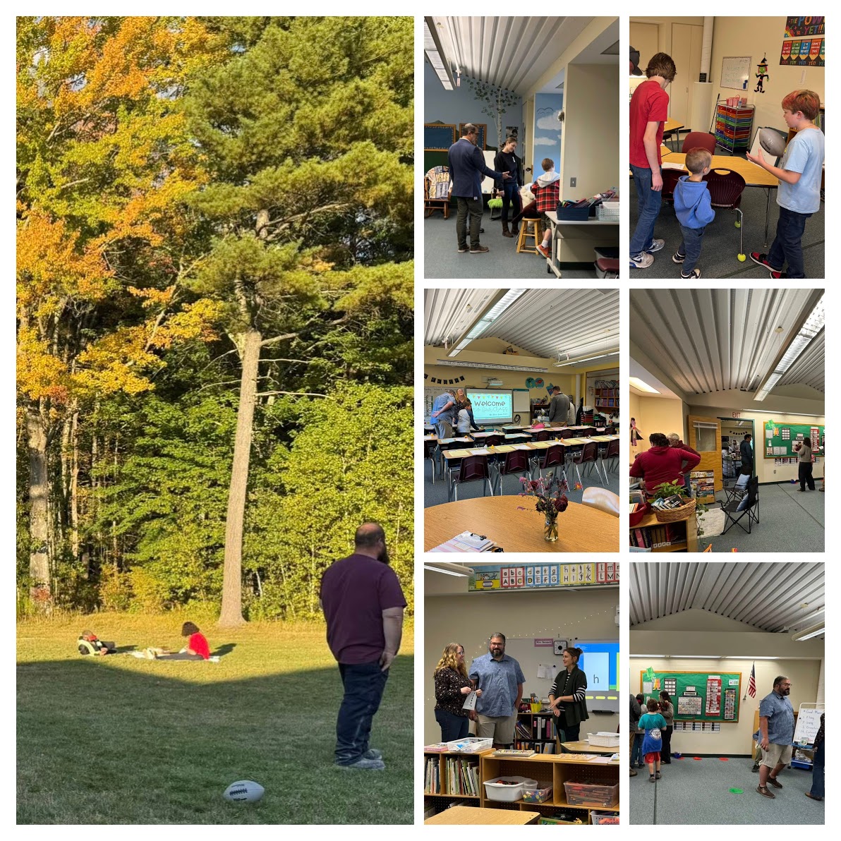 Families having a picnic and visiting classrooms